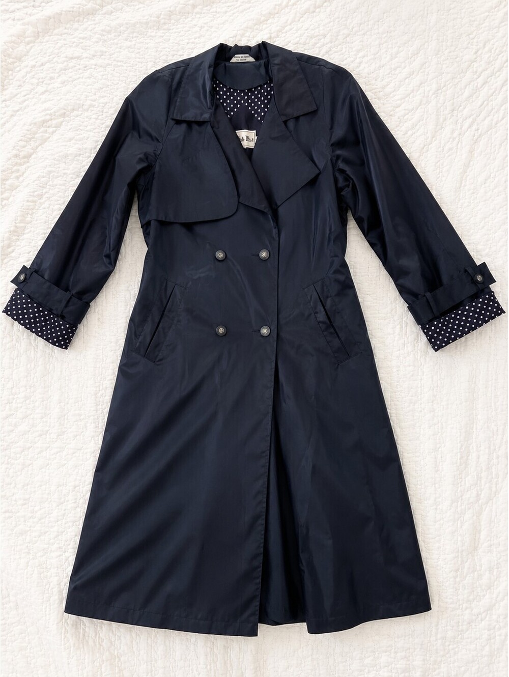 British Mist Navy Blue‎ Polka Dot Lining Double Breasted Trench Coat Womens 12